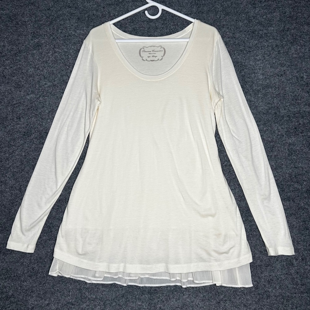 Peruvian Connection Cream Pima Cotton Modal Tunic Top Sheer Chiffon Trim Large